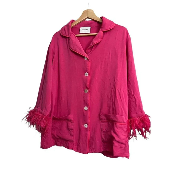 Sleeper Party Cropped Feather Trim Pajama Shirt - Picture 2 of 9